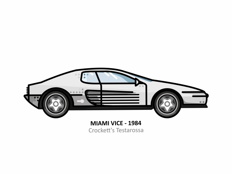 Crockett's Testarossa 70s 80s car cityscape crocketts testarossa dots florida illustration line miami vice neon colors palm trees pop culture speed sticker. retro super car television tv show vector