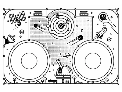 Boombox Front abstract astronaut dots flow galaxy gradient line logo minimal moon outerspace planet simple sound space spaceship speaker stars wood