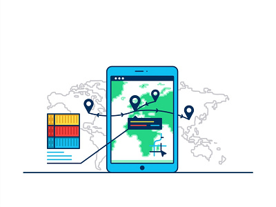 Shipping Tracking 📱🗺📌 cargo cars colorful containers design flat illustration interface line map outline shipping shipping sistem software solid robust storage technology tracking truck world