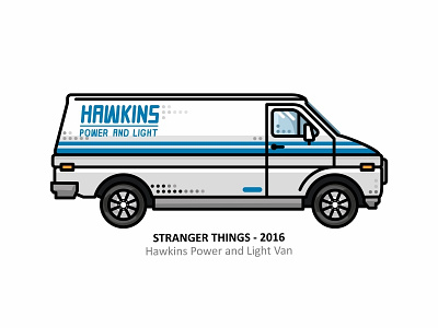 Hawkins Power and Light Van 80s badass girl car character character design dots dustin eleven hawkins power and light van illustration line lucas mike netflix outline stranger things tv show van