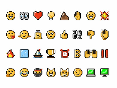 Pixel Emojis 2d character charcaters chat colorful emoji emoji set emoticons face icon set icons illustration like lol messenger mssages pixel reactions smile stickers