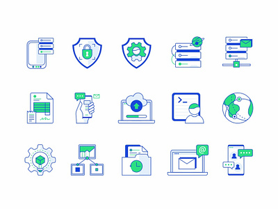 Systemongreed Set No.1 access control block storage chat cloud compute connection design line message networking protect security icon set servers ssd support virtual vps web design