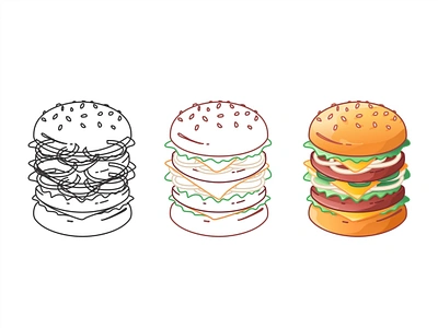 Hamburger Creation 🍔 bread burger cheese cheeseburger cooking design fast fastfood flat food hamburger icnography icon set illustration ingredients line meat stroke tomato