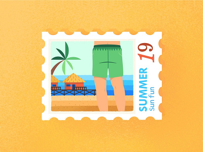 On the Beach Postmark beach character colorful cute draw flat fun gradient holidays illustration man on beach palms postmark relax sand see summer sunny day texture