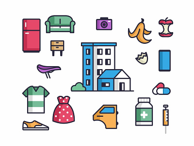 Colorful Icons biohazard branding building car parts clothes colorful design fruits furniture icon set icons illustration medicine outline pills recyclable stroke style ui