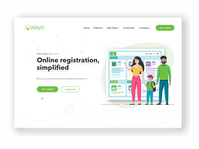 Eleyo Hero Illustration app browser characters cute design education interface iphone kids landing page location mobile parents responsive school system ui ux web