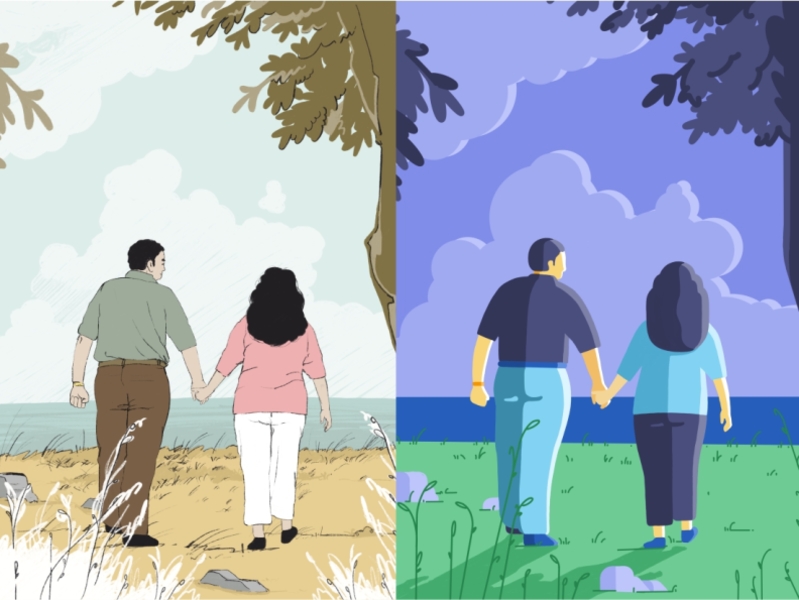 Walking characters colours couple design draw flat hold hands illustration love memories nature old old time peoples see view sketch style style exploration walk walking