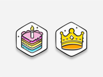 Cake and Crown pins 3d badge cake crown design dessert food icon set icons illustration king logo logotype mark mocup outline pin queen sweet