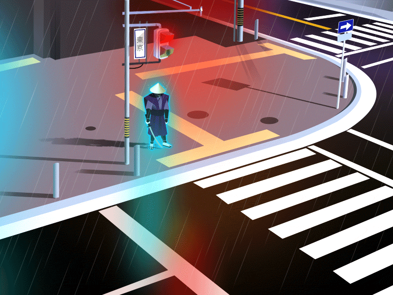 Tokyo Loner gif illustration japan light night photoshop rain street tokyo