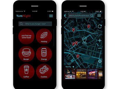 YUMNIGHT APP black darktheme design food and drink food app food icons mobile app mobile design mobile ui navigation ui