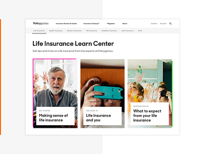 Life Insurance Learn Center cards content policygenius