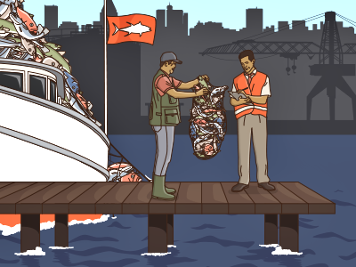 Fish trade boat dock fish illustration men