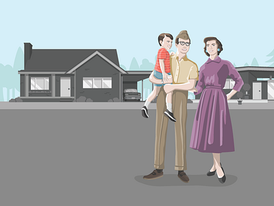 Mid century 50s house illustration people