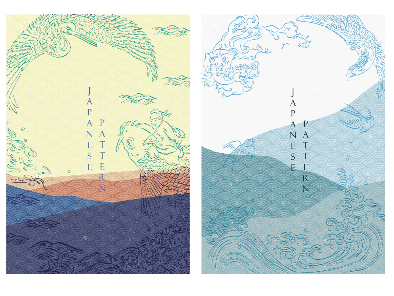 Japanese template with wave pattern vector. Hand drawn line art by