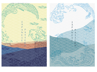 Japanese template with wave pattern vector. Hand drawn line art