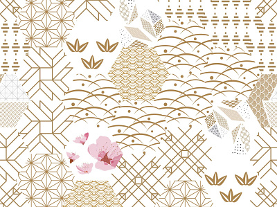 Cherry blossom with Japanese pattern vector. Gold and pink asian banner cherry cherryblossom chinese curve flower geometric illustration japanese pattern seamless vector wave