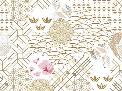 Cherry blossom with Japanese pattern vector. Gold and pink