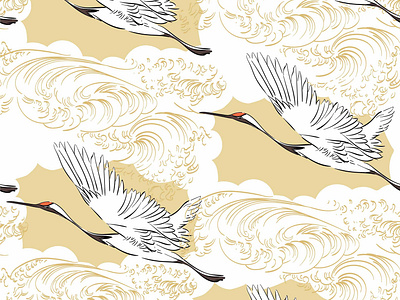 Crane bird elements with hand drawn wave pattern vector.