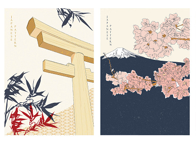 Japanese background with traditional elements vector. Fuji mount