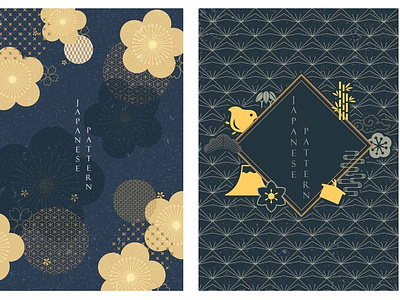 Japanese icons and patterns vector. Blue background with cherry