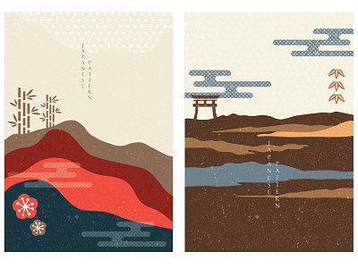 Japanese background with Asian icons vector. Wave, bamboo, birds