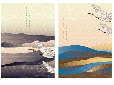 Crane birds with Japanese pattern vector. Colorful wavy