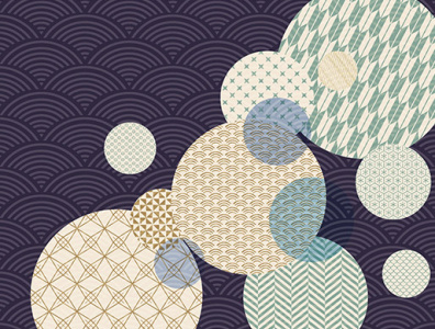 Geometric background with Japanese wave pattern vector. Blue cir