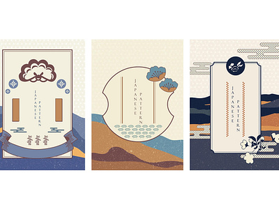 Japanese elements with landscape background vector.