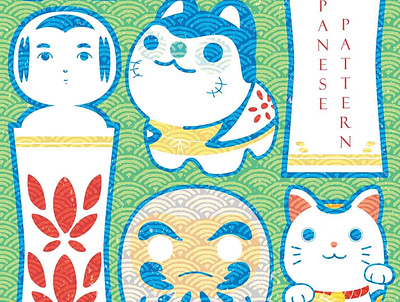 Japanese icons vector. Daruma doll, Kokeshi doll, Beckoning cat abstract asian background banner cat charmng chinese culture daruma dog doll illustration japanese kokeshi lucky modern pattern traditional vector wave