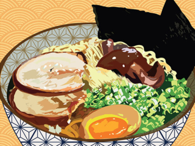 Japanese food with geometric pattern. Egg rolls, Japanese noodle