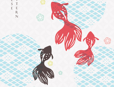 Japanese background with gold fish vector. Asian pattern with ic