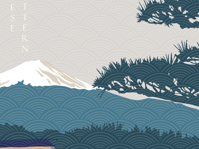 Fuji mountain with Japanese wave pattern vector. Landscape abstract asian background banner bonsai chinese famous fuji illustration japanese landmark modern mountain pattern pine tree vector wave