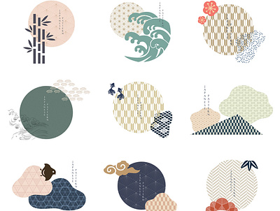 Set of geometric modern graphic elements vector. Asian icons wit abstract asian background bamboo banner birds chinese geometric icon illustration japanese logo modern mountain pattern symbol traditional vector wave