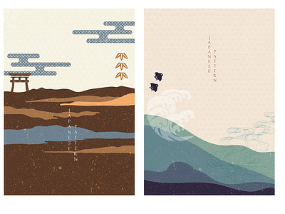 Japanese background with Asian icons vector. Wave, bamboo, birds