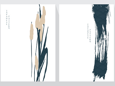 Chinese brush stroke elements with Japanese wave pattern vector.