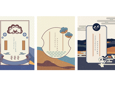 Japanese elements with landscape background vector. Asian templa