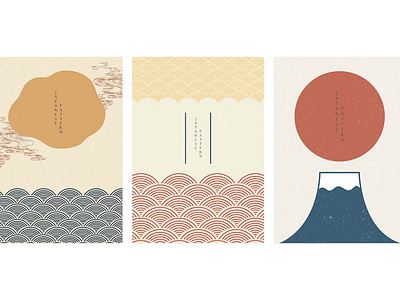 Japanese template with wave pattern vector. Sun and Fuji mountai