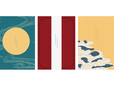 Japanese template with wave pattern vector. Sun and ocean line b