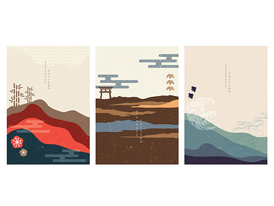 Japanese background with Asian icons vector. Wave, bamboo, birds