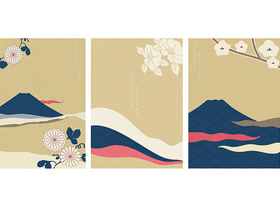 Fuji mountain with flower vector in Japanese style. Landscape ba