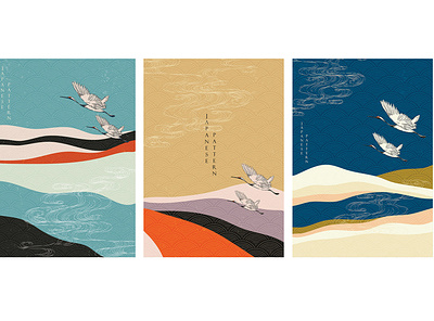 Japanese template with crane birds vector. Mountain forest with abstract asian background banner chinese crane birds hand drawn illustration japanese landscape modern pattern postcard poster retro template vector vintage wave