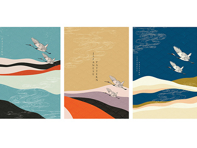 Japanese template with crane birds vector. Mountain forest with