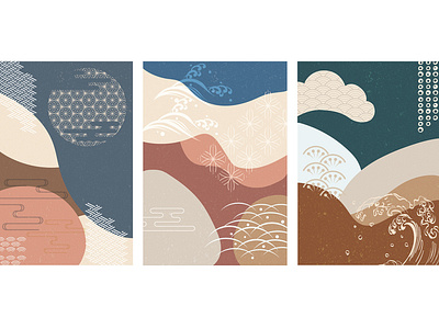 Japanese background vector. Hand drawn wave elements. Line patte