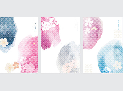 Japanese background vector with cherry blossom icons and wave sy abstract asian background banner chinese icon illustration japanese modern pattern postcard poster set template texture vector watercolor illustration wave