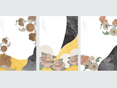 Japanese background vector. peony flower element vector. Orienta abstract asian background banner black texture chinese floral flower gold foil illustration japanese modern pattern peony poster set template vector wave