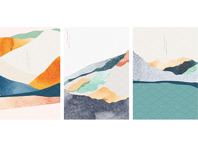 Landscape background with Japanese wave pattern. Abstract templa abstract asian background banner chinese illustration japanese landscape modern mountain pattern template design textured vector watercolor painting wave