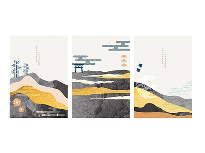 Japanese background with gold foil texture vector. Abstract land