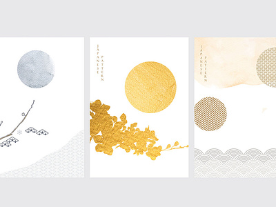 Japanese background with gold foil decoration vector. Watercolor