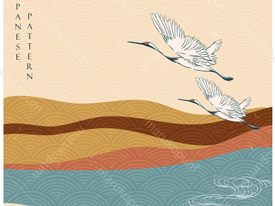 Japanese template with crane birds vector. Mountain forest with