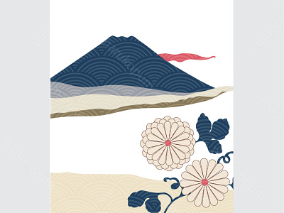 Fuji mountain with camellia flower in Japanese style. Landscape